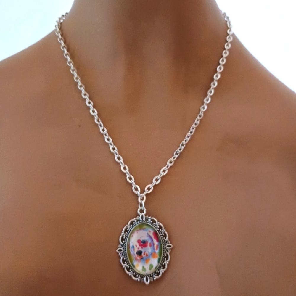 Lisa Frank Rainbow Dalmatian Pendant in Silver Frame.